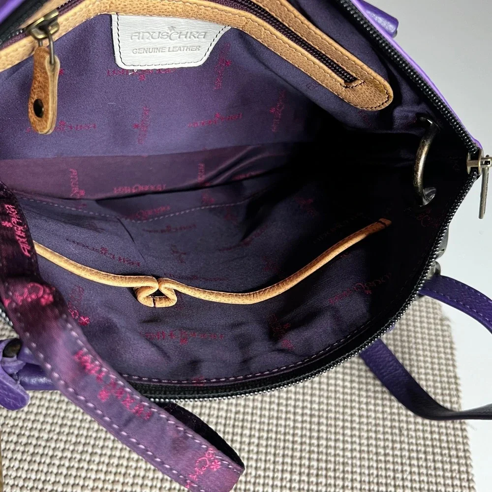 Anuschka Hand Painted Leather Satchel Purple Floral Butterfly Crossbody Bag